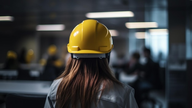 Une femme portant un casque jaune se tient dans un bâtiment avec d'autres personnes en arrière-plan.