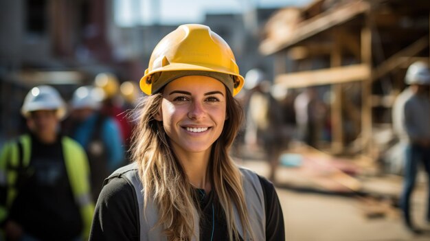 Une femme portant un casque jaune