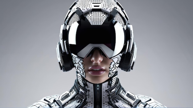 Une femme portant un casque et des lunettes futuristes