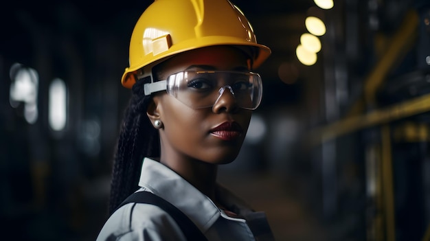 Une femme portant un casque et des lunettes jaunes se tient dans une pièce sombre.