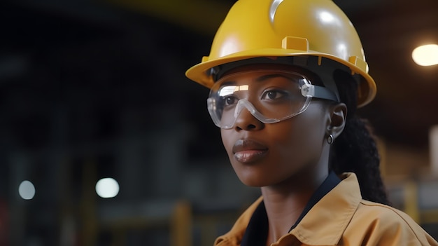 Une femme portant un casque et des lunettes jaunes se tient dans une usine.