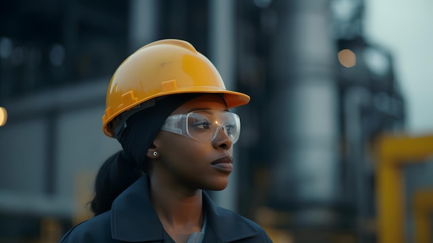 Une femme portant un casque et des lunettes jaunes se tient devant un bâtiment d'usine.