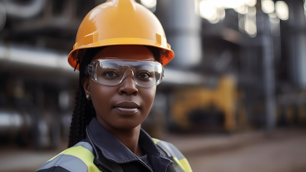 Une femme portant un casque et des lunettes jaunes se tient devant une plante.