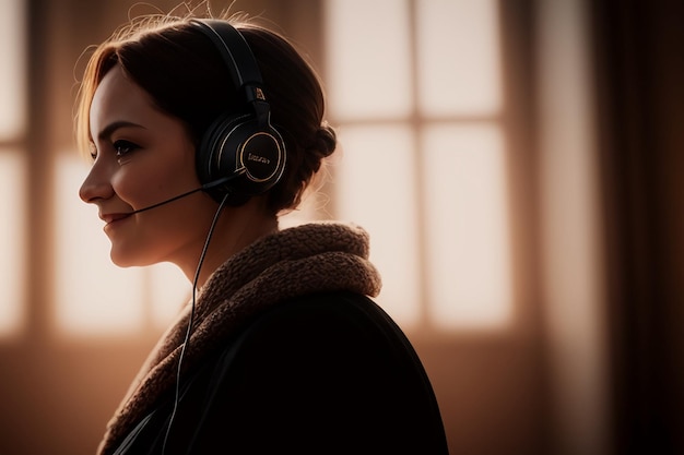 Une femme portant un casque avec un microphone sur la tête.