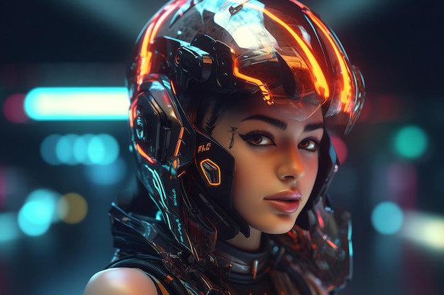 Une femme portant un casque avec le mot cyberpunk dessus.