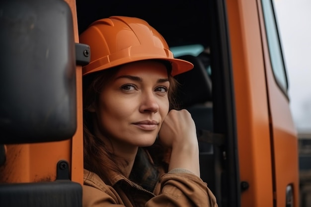 Une femme portant un casque orange regarde par la fenêtre d'un camion.