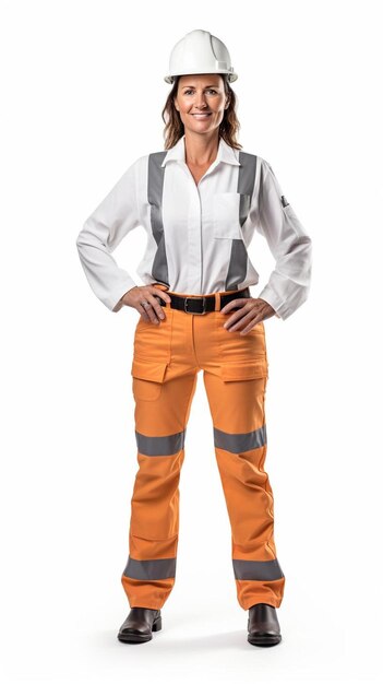 une femme portant un casque et un pantalon orange