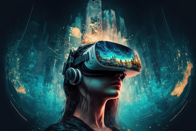 Une femme portant un casque de réalité virtuelle AI générative