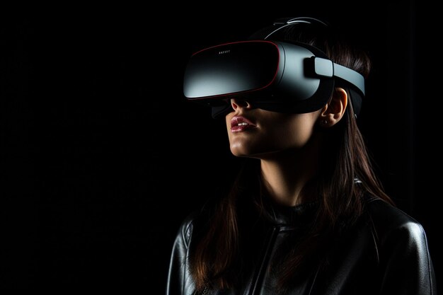 Une femme portant un casque de réalité virtuelle dans une pièce mal éclairée