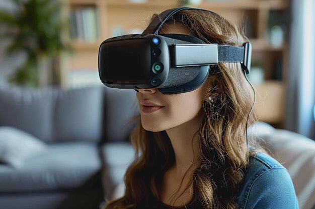 Une femme portant un casque de réalité virtuelle dans le salon