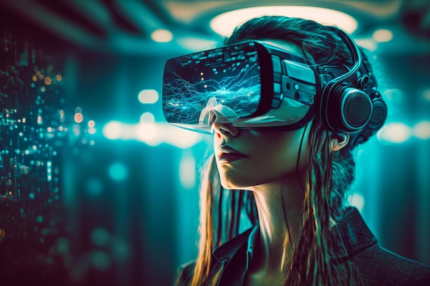 Femme portant un casque de réalité virtuelle dans une ville futuriste la nuit Generative AI