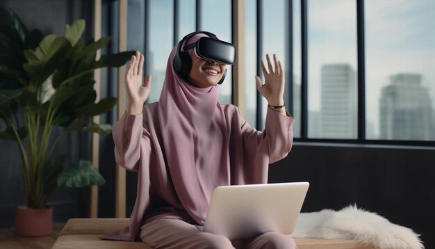 Photo une femme portant un casque de réalité virtuelle est assise sur un bureau avec un ordinateur portable et ses mains en l'air