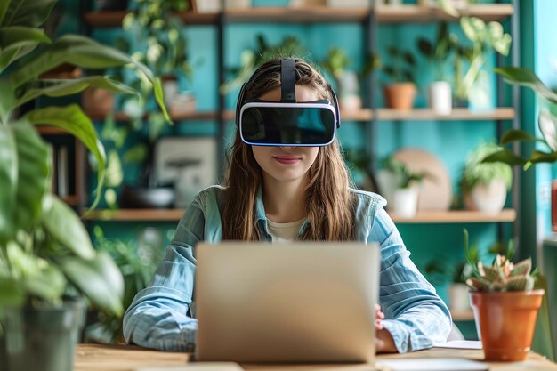 Une femme portant un casque de réalité virtuelle est assise à un bureau avec un ordinateur portable