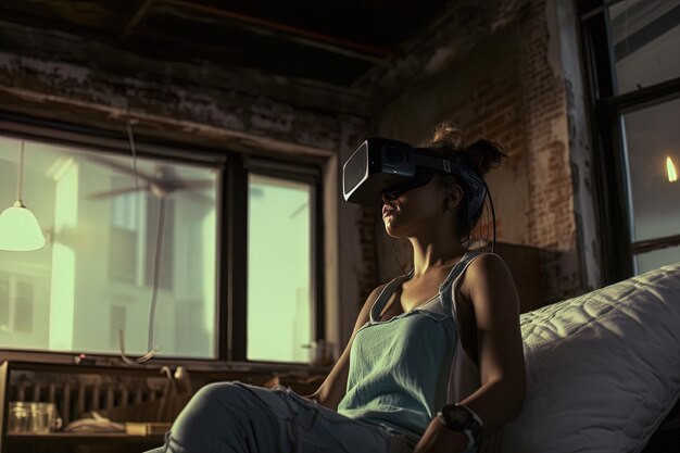 une femme portant un casque de réalité virtuelle est assise sur un canapé