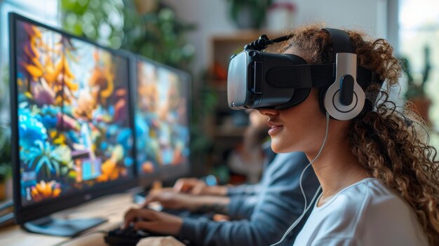 une femme portant un casque de réalité virtuelle est assise devant un moniteur