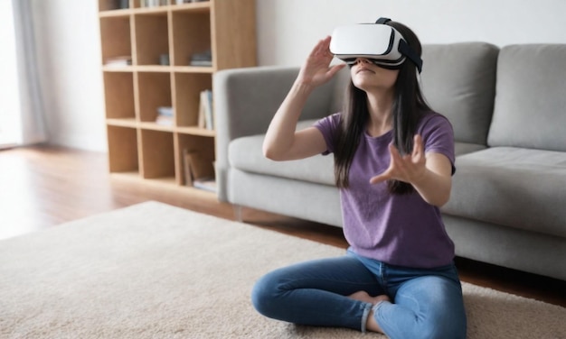 une femme portant un casque de réalité virtuelle est assise sur le sol