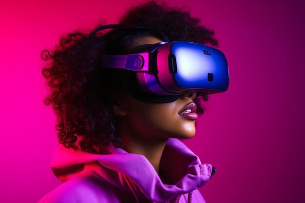 une femme portant un casque de réalité virtuelle avec un fond violet