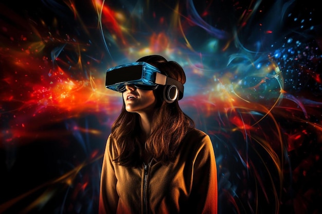 Une femme portant un casque de réalité virtuelle avec une lentille bleue.