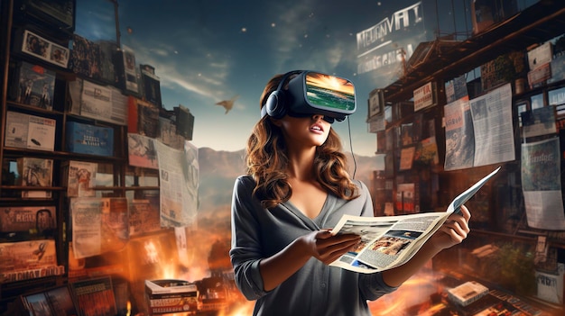 Une femme portant un casque de réalité virtuelle lit un livre