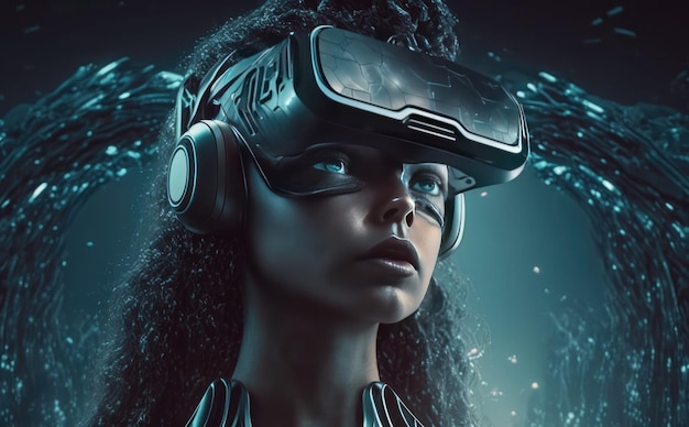 Une femme portant un casque de réalité virtuelle avec le mot vr sur le devant.
