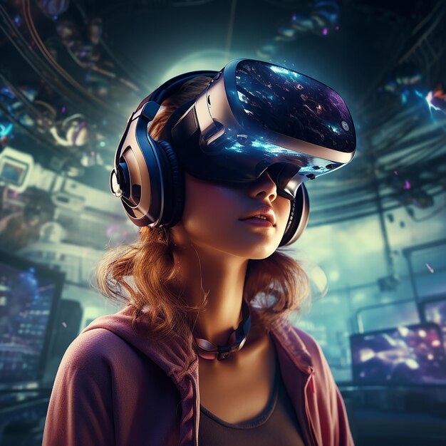 Une femme portant un casque de réalité virtuelle regarde un écran.