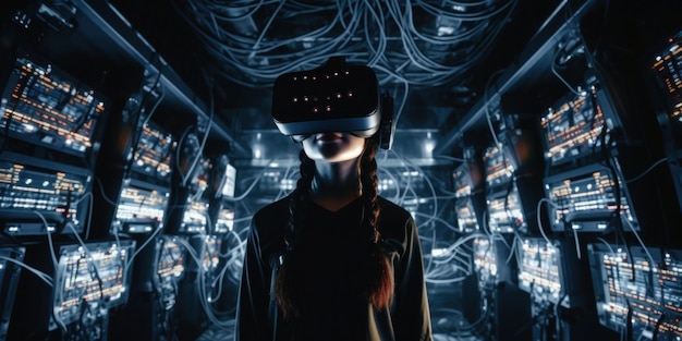 Une femme portant un casque de réalité virtuelle se tient dans une pièce sombre.
