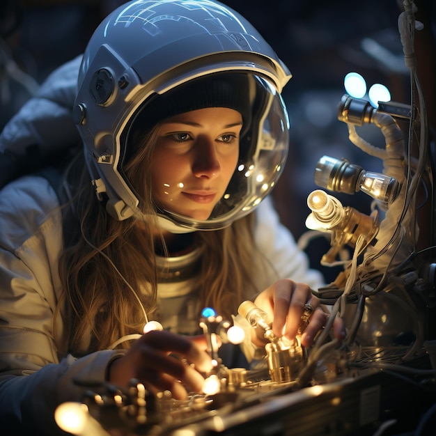 Photo une femme portant un casque et regardant les lumières