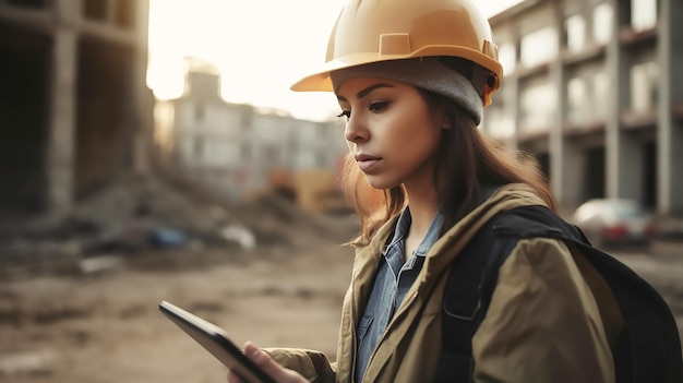 Une femme portant un casque et regardant une tablette sur un chantier de construction.