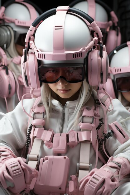 une femme portant un casque rose et blanc et des lunettes de protection