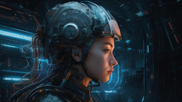 Une femme portant un casque se tient devant un écran bleu avec les mots "cyberpunk" dessus