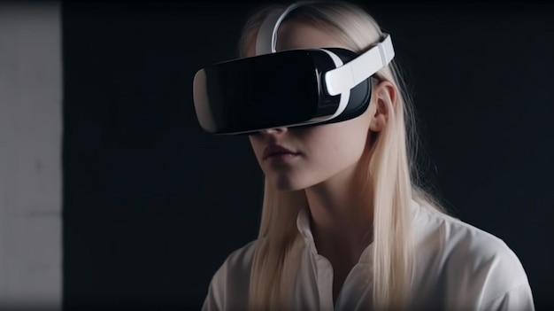 Une femme portant un casque vr avec le mot vr sur le devant.