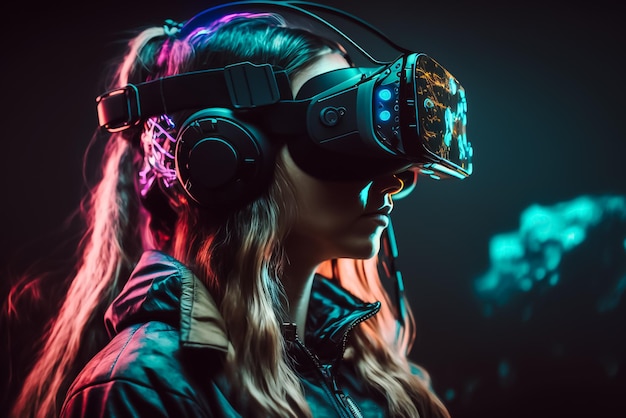 Une femme portant un casque vr avec un néon derrière elle.