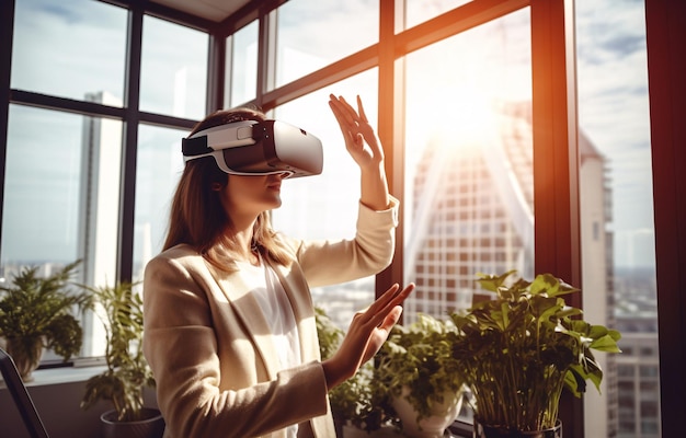 Une femme portant un casque vr se tient devant une fenêtre.