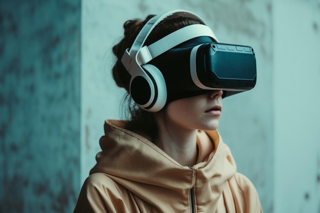 Une femme portant un casque vr se tient devant un mur.