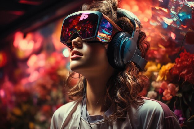 Femme portant un casque VR utilisateur monde surréaliste et champs de fleurs colorées de réalité virtuelle IA générative