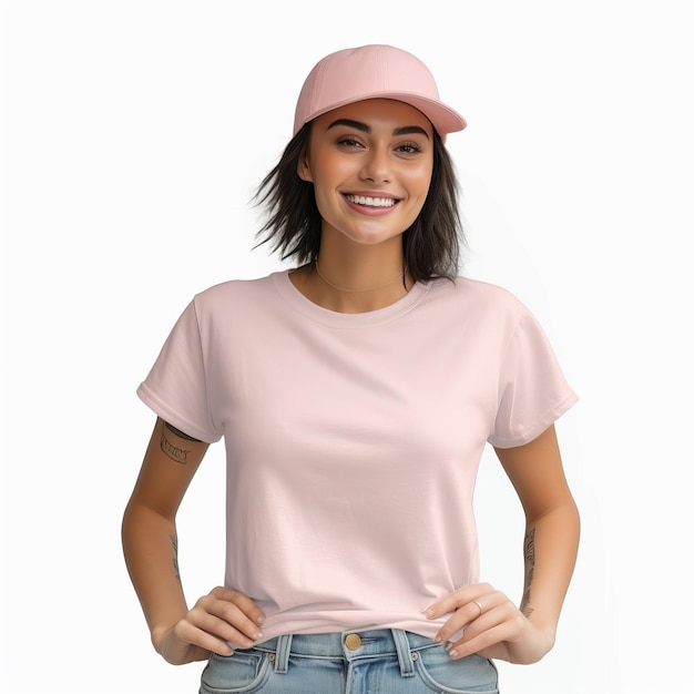 Une femme portant une casquette rose et un t-shirt rose