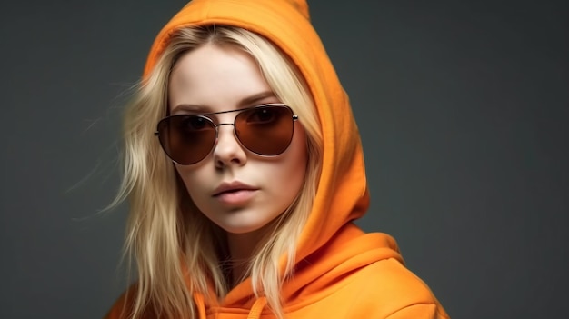 Une femme portant un chandail à capuchon orange et des lunettes de soleil