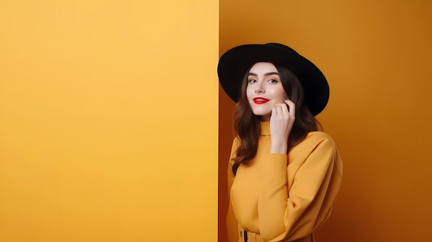 Une femme portant un chandail jaune et un chapeau noir se tient devant un mur jaune.