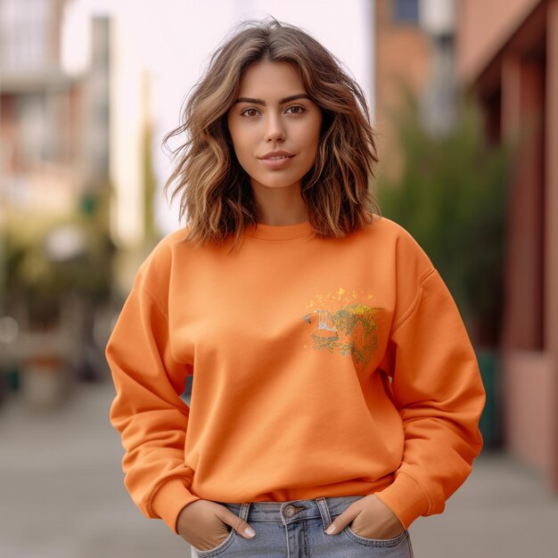 Une femme portant un chandail orange avec une fleur dessus.