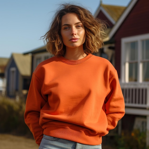 Une femme portant un chandail orange se tient devant une maison.