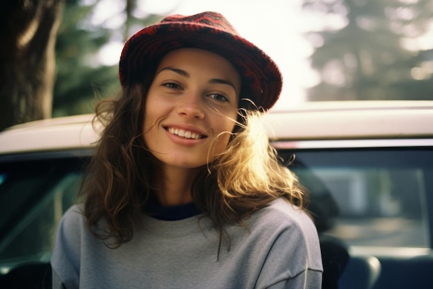 une femme portant un chapeau assise devant une voiture