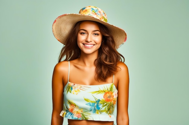 Photo une femme portant un chapeau et un bikini souriant ai générative