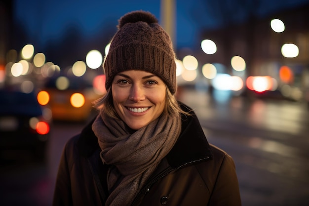 une femme portant un chapeau brun et un foulard