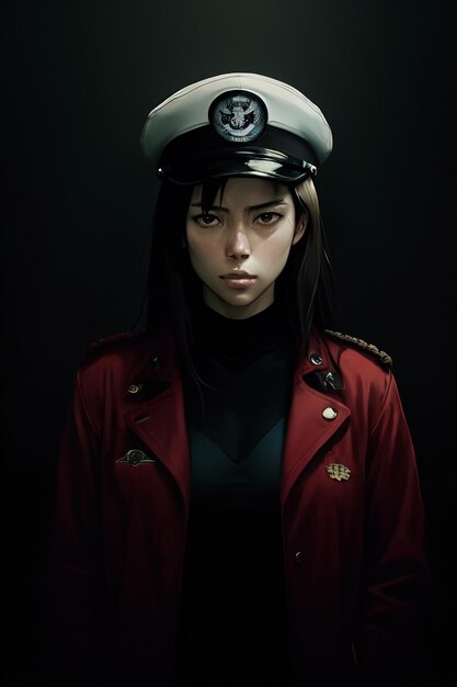 Une femme portant un chapeau de capitaine rouge se tient devant un fond sombre.