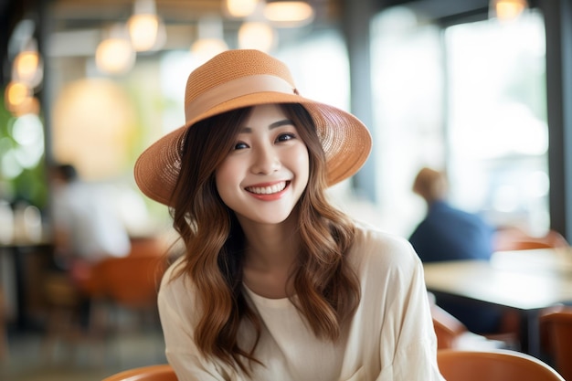 Une femme portant un chapeau et un chapeau de paille sourit à la caméra