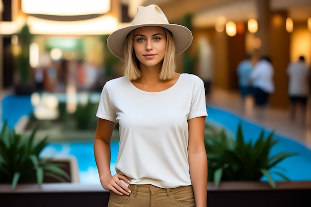 Une femme portant un chapeau et une chemise blanche debout devant la piscine AI générative