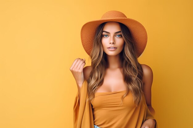 Une femme portant un chapeau et une chemise jaune se tient devant un fond jaune.