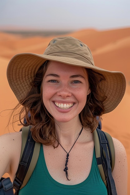 Une femme portant un chapeau et un collier sourit.