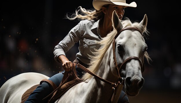 Photo une femme portant un chapeau de cow-boy est à cheval