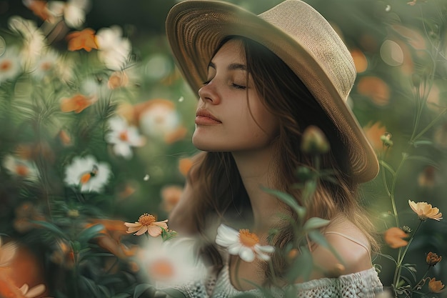 Une femme portant un chapeau dans un champ de fleurs